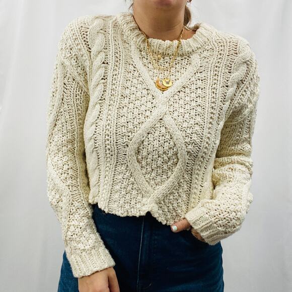 Free People XS ivory white cable knit distressed hem sweater - Picture 2 of 6